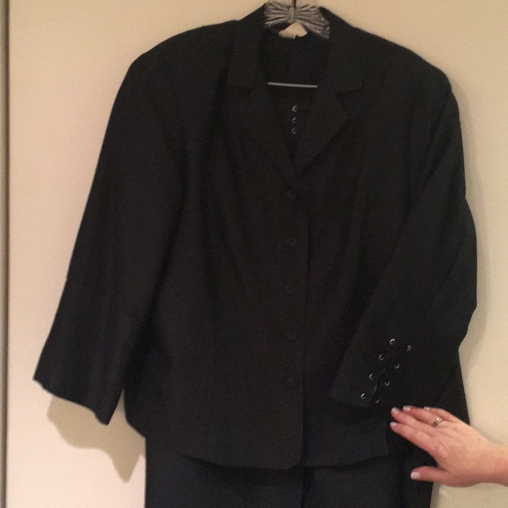 Black two piece suit with eyelet ribbon detail
